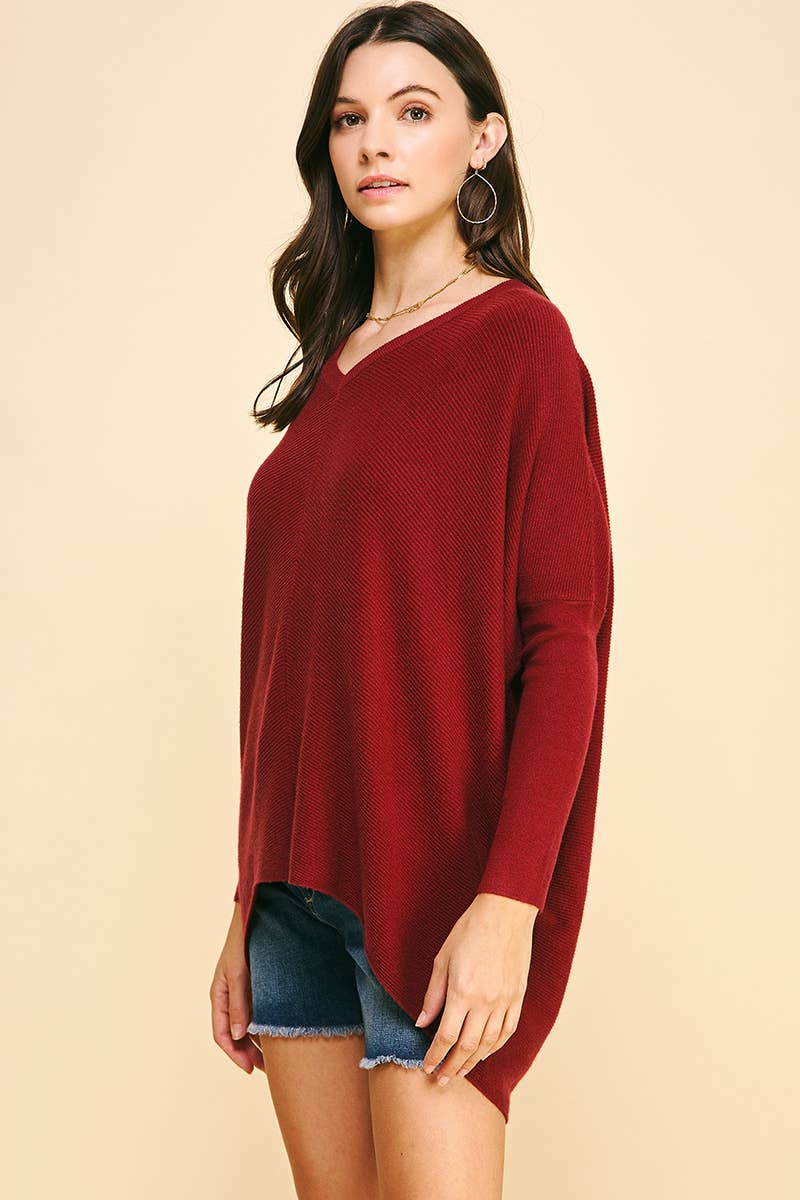 V-Neck Dolman Long Sleeve Sweater in Wine--Lemons and Limes Boutique