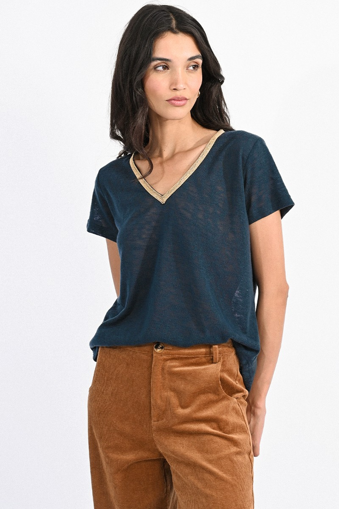 Corrine Flamed V-Neck Knitted Tee in Duck Blue--Lemons and Limes Boutique