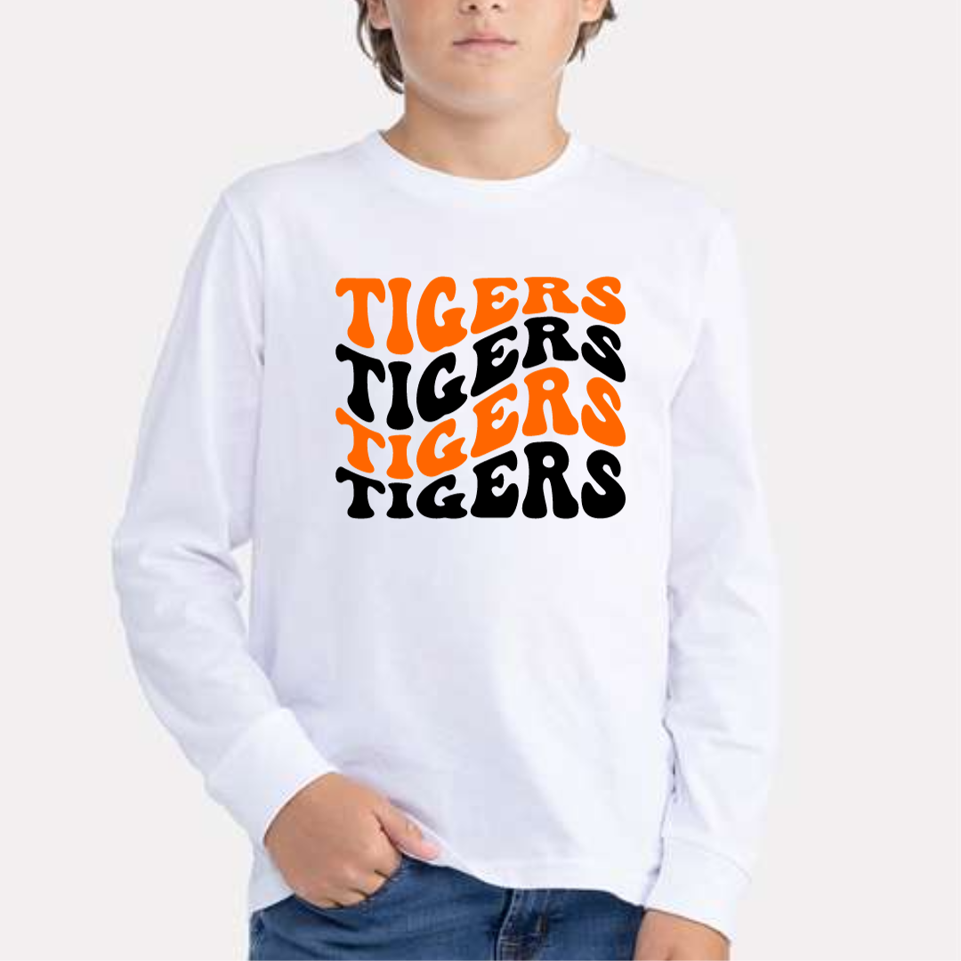 Groovy Two Color Tigers Long Sleeve White Tee--Lemons and Limes Boutique