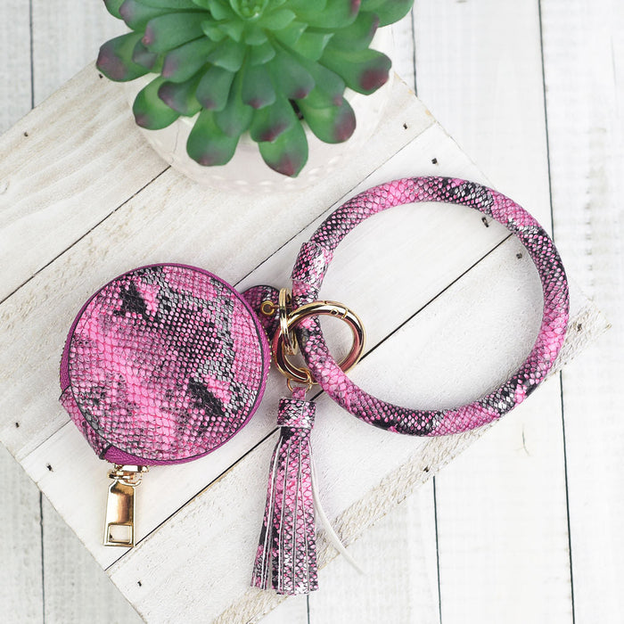 Anna Hands Free Bangle Keychain with Wireless Headphone and Mirror Zip Case-Pink Snake-Lemons and Limes Boutique