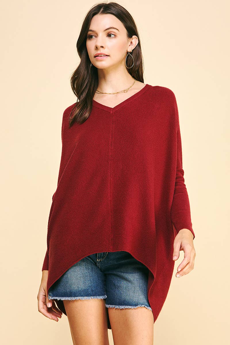 V-Neck Dolman Long Sleeve Sweater in Wine--Lemons and Limes Boutique