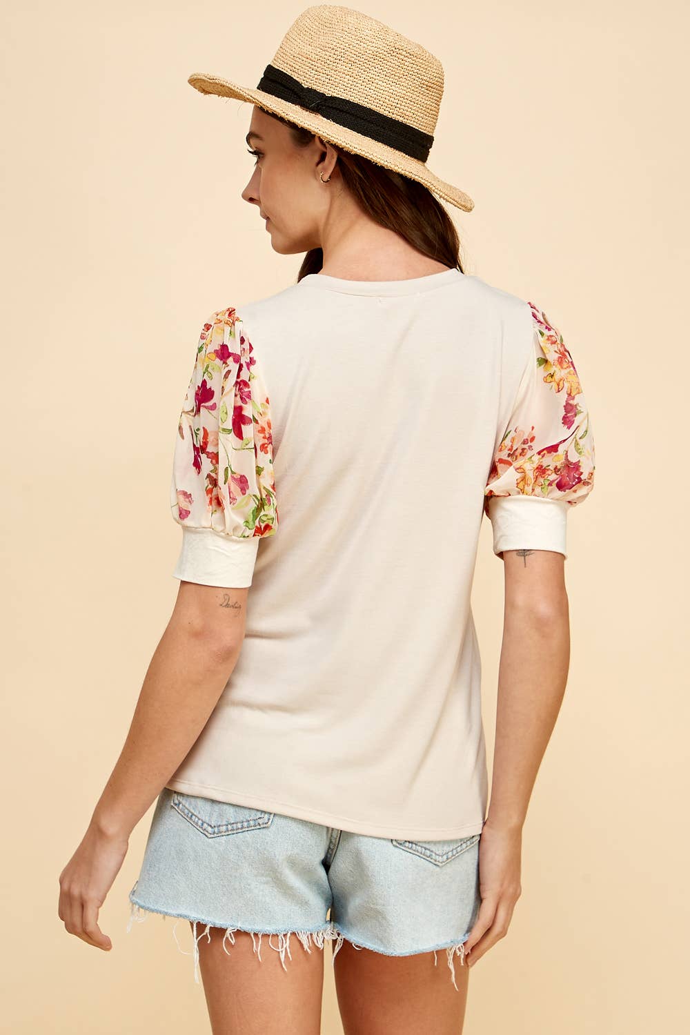 Floral Printed Sleeve Detailed Top in Seashell--Lemons and Limes Boutique