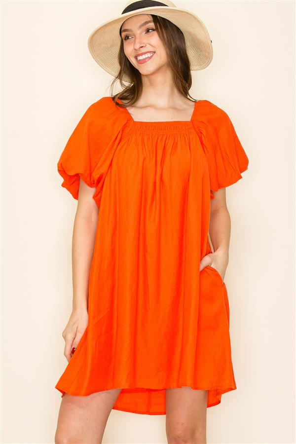 Smocked Puff Short Sleeve Babydoll Dress in Orange Large Smocked Puff Short Sleeve Babydoll Dress in Orange Large