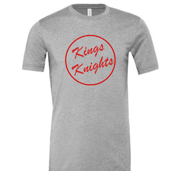 Kings Knights Script in Circle on Athletic Heather Grey Tee--Lemons and Limes Boutique