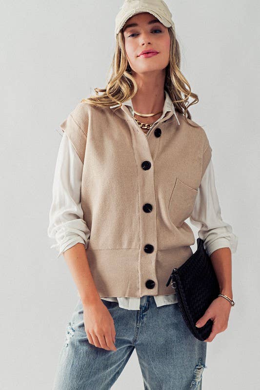 Relaxed Fit Oversized Button Knit Sweater Vest in Beige--Lemons and Limes Boutique