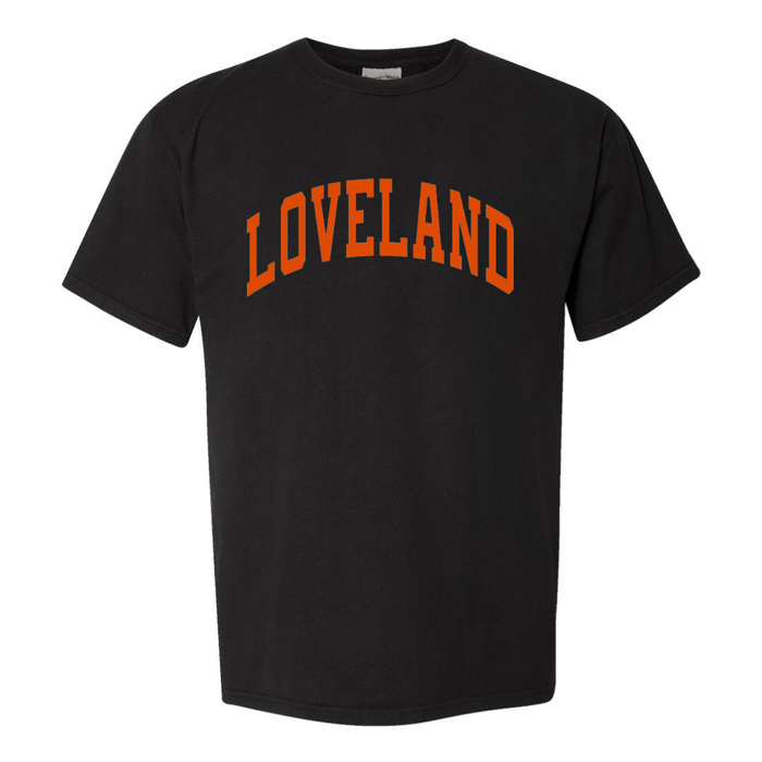 Curved Orange Loveland Comfort Wash Short Sleeve T-Shirt on Black--Lemons and Limes Boutique