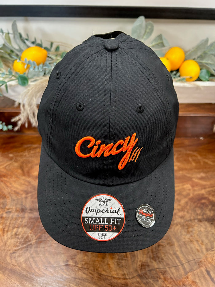 Ponytail Hat in Black & Orange by The Cincy Hat
