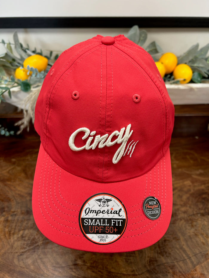 Ponytail Hat in Red & Cream by The Cincy Hat