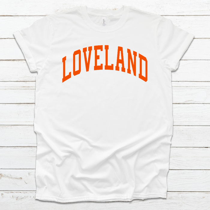 Loveland Orange Curve T-Shirt on White--Lemons and Limes Boutique
