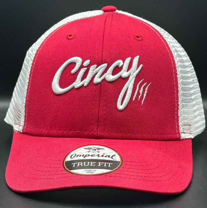 Red with White Logo Mesh Back Hat by The Cincy Hat--Lemons and Limes Boutique