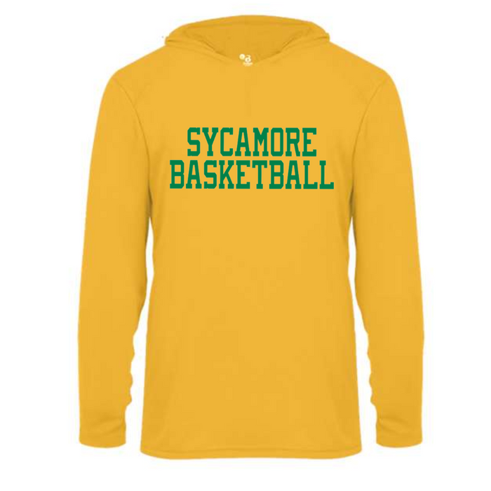 Curved Green Sycamore on Gold Hooded Performance Long Sleeve Tee--Lemons and Limes Boutique