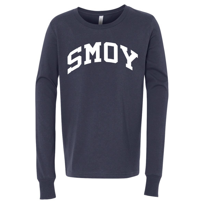 SMOY White Curved Block on Long Sleeve Tee - Youth-Heather Navy-Small-Lemons and Limes Boutique