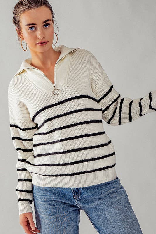 Quarter Zip Stripe Knit Sweater in White--Lemons and Limes Boutique
