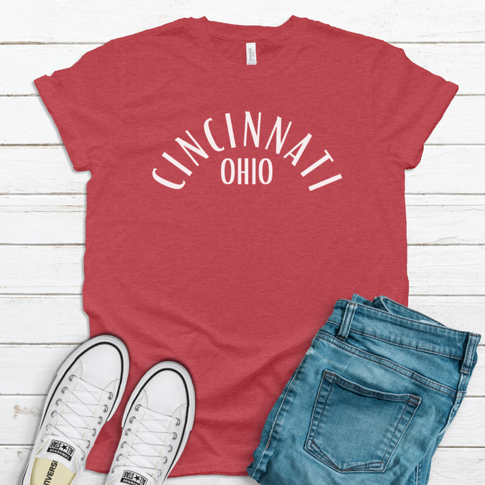 Cincinnati Ohio Curved T-shirt on Heathered Red--Lemons and Limes Boutique