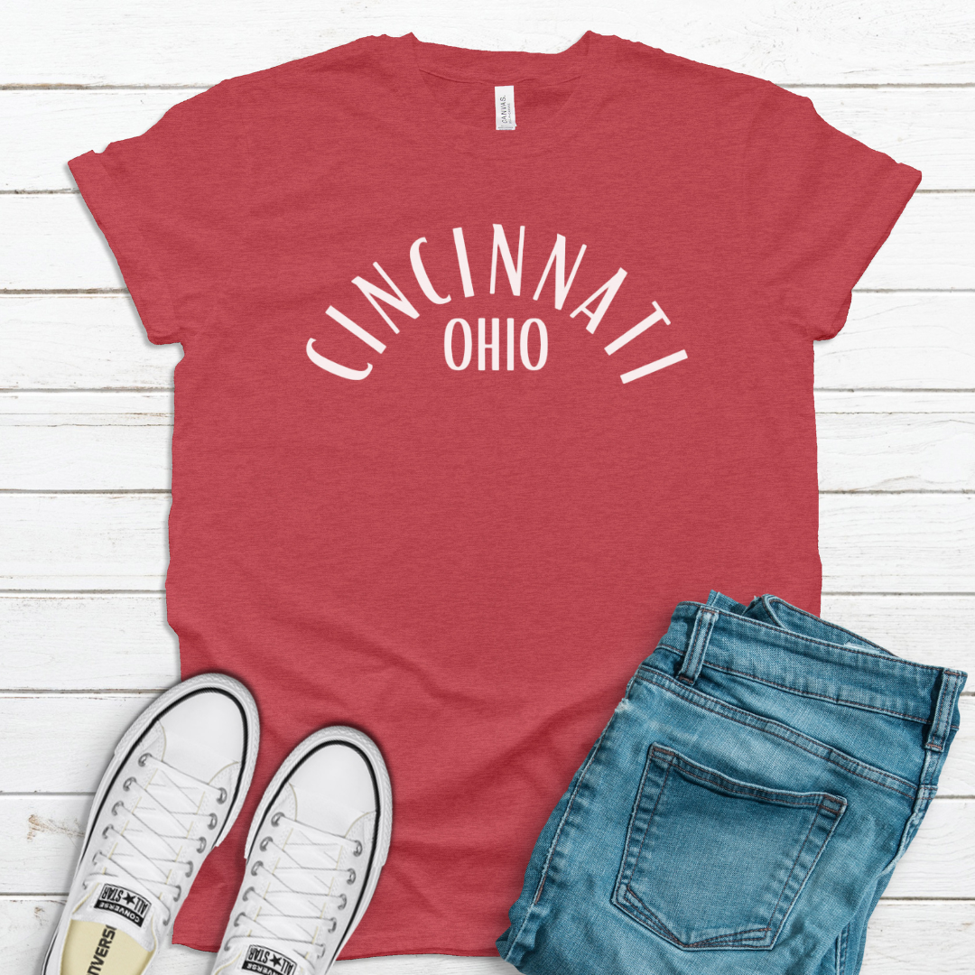 Cincinnati Ohio Curved T-shirt on Heathered Red--Lemons and Limes Boutique