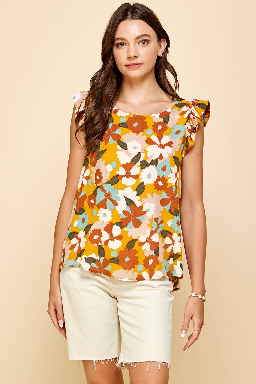 Floral Sleeveless Top with Ruffled Sleeves in Ivory--Lemons and Limes Boutique