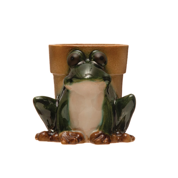 Stoneware Frog Planter, Reactive Glaze, Green, White & Brown