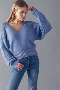 Three Kinds of Pattern Sleeve Detail Sweater in Dusty Blue--Lemons and Limes Boutique