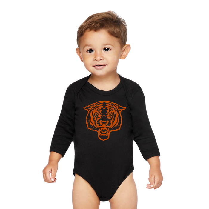 Fierce Tiger Orange Long Sleeve Body Suit on Black-YOUTH--Lemons and Limes Boutique