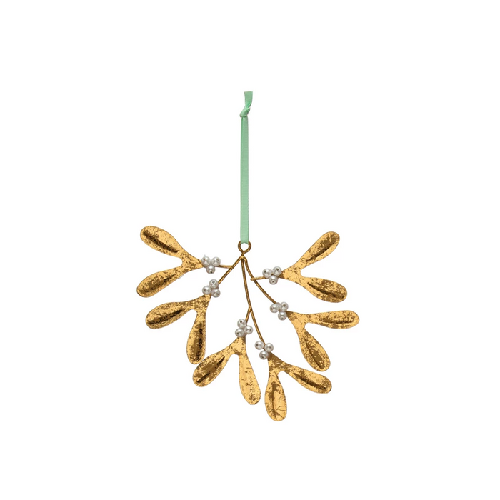 Metal Mistletoe Ornament w/ Glass Beads, Antique Gold Finish & White--Lemons and Limes Boutique
