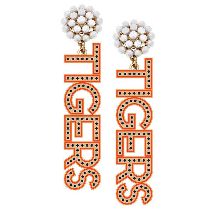 Tigers Pearl Cluster Enamel Drop Earrings in Burnt Orange Canvas Style--Lemons and Limes Boutique