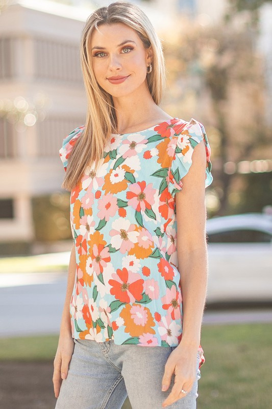 Floral Sleeveless Top with Ruffled Sleeves in Denim--Lemons and Limes Boutique