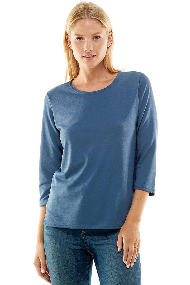 Women's 3/4 Sleeve Side Slit Frency Terry Top in Heather Blue--Lemons and Limes Boutique