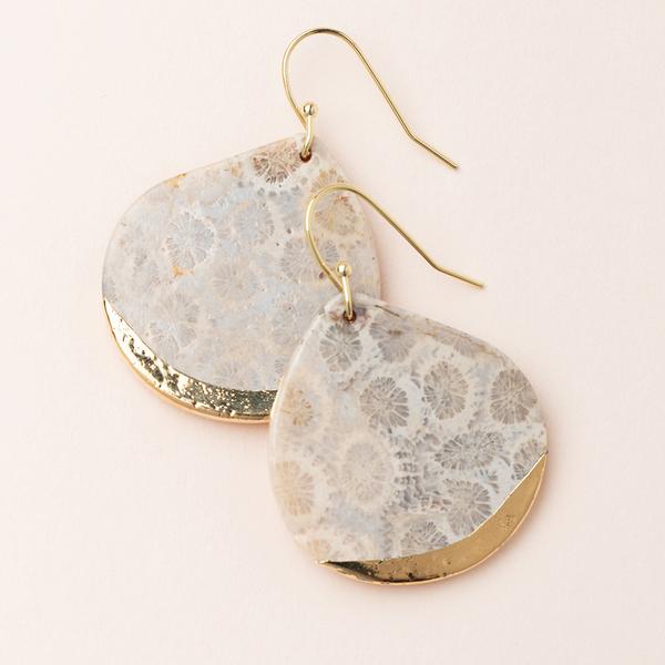 Stone Dipped Teardrop Earring - Fossil Coral/Gold-Dangle Earrings-Lemons and Limes Boutique