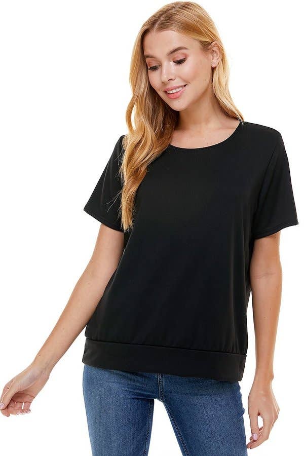 Women's French Terry LooseFit Solid Top with Band in Black--Lemons and Limes Boutique