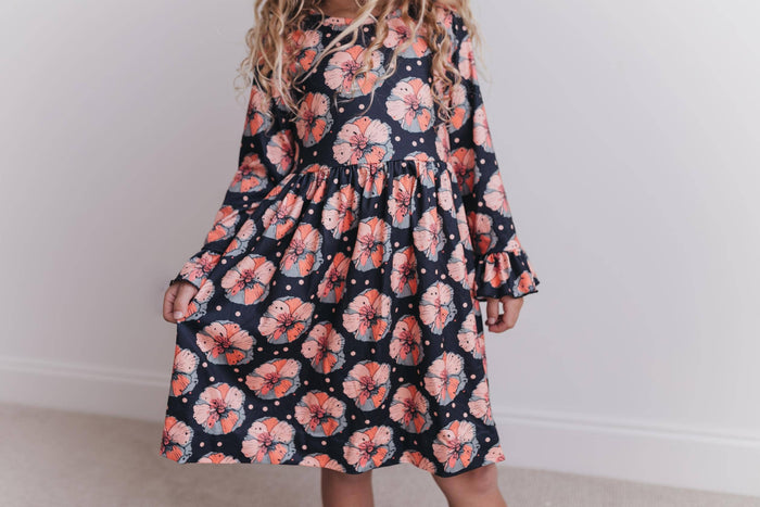 Kids Claire Black Flower Print Fall Twirl Dress--Lemons and Limes Boutique