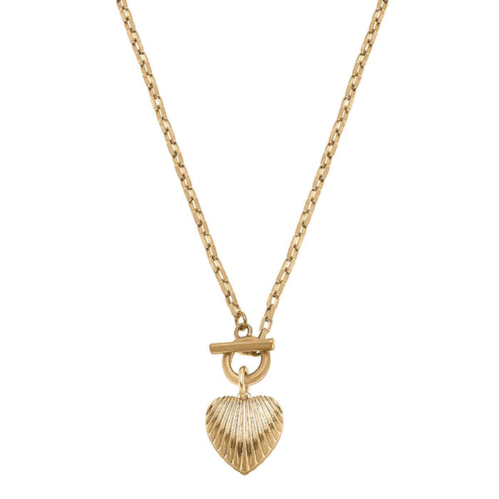 Patrice Ribbed Metal Heart T-Bar Necklace in Worn Gold Canvas Style--Lemons and Limes Boutique