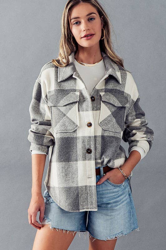 Plaid Flannel Button Down Jacket in Grey--Lemons and Limes Boutique