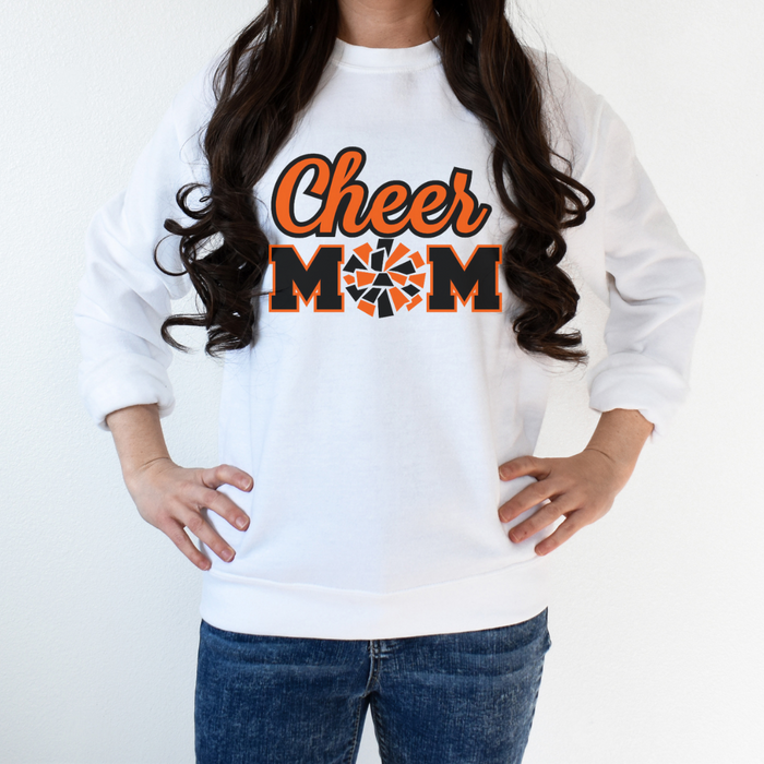 Cheer Mom in Black and Orange Sweatshirt on White--Lemons and Limes Boutique