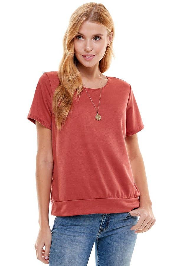 Women's French Terry LooseFit Solid Top with Band In Paprika--Lemons and Limes Boutique