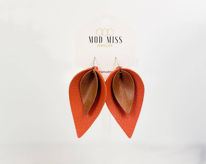 Leather Stacked Petal Earring in Worn Brown and Burnt Orange--Lemons and Limes Boutique