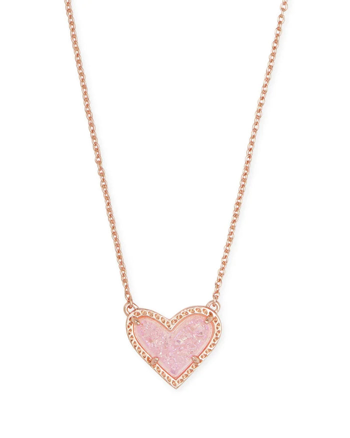 Ari Heart Short Pendant Necklace Rose Gold Pink Drusy by Kendra Scott-NECKLACES-Lemons and Limes Boutique