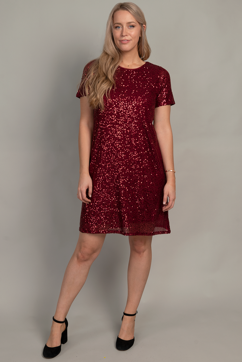 Knee Length Sequin Dress in Wine--Lemons and Limes Boutique