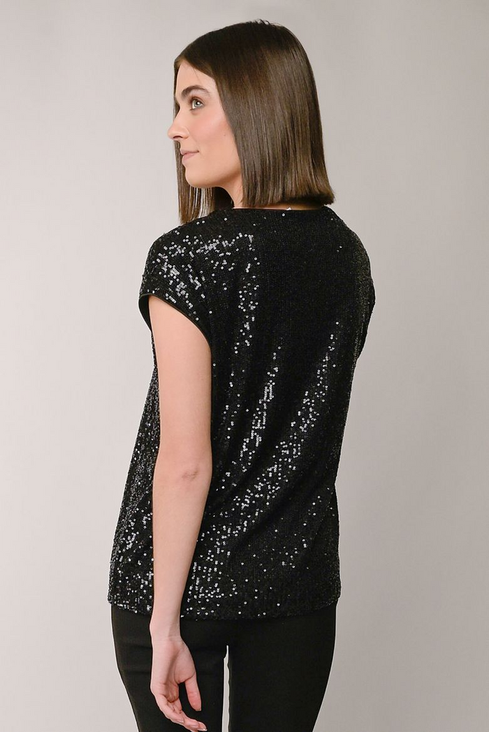 V-Neck Sequin Tee in Black--Lemons and Limes Boutique