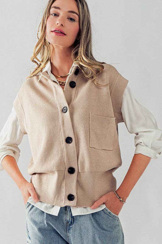 Relaxed Fit Oversized Button Knit Sweater Vest in Beige--Lemons and Limes Boutique