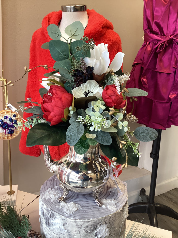 Upcycled Silver Footed Teapot w Greenery + Florals-Lemons and Limes Boutique