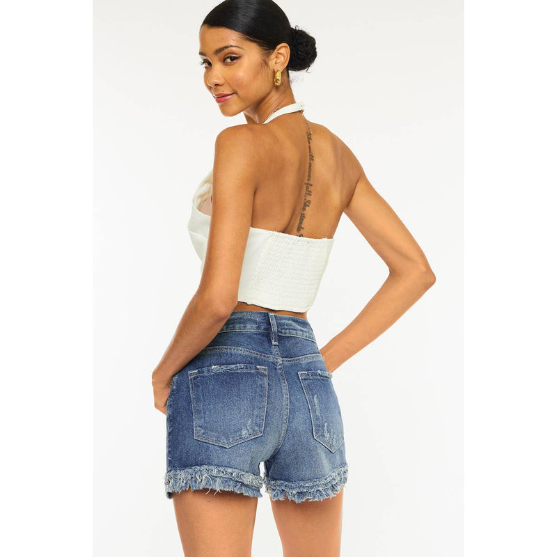 Sasha High Rise Fray Hem Denim Shorts In Medium Stone Wash Kan Can USA--Lemons and Limes Boutique