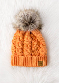 Light Orange Cable Knit Pom Hat-Lemons and Limes Boutique