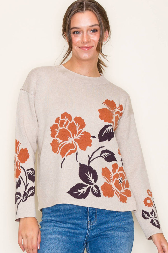 Flower Jacquard Mock Neck Pullover Sweater in Copper/Ivory--Lemons and Limes Boutique