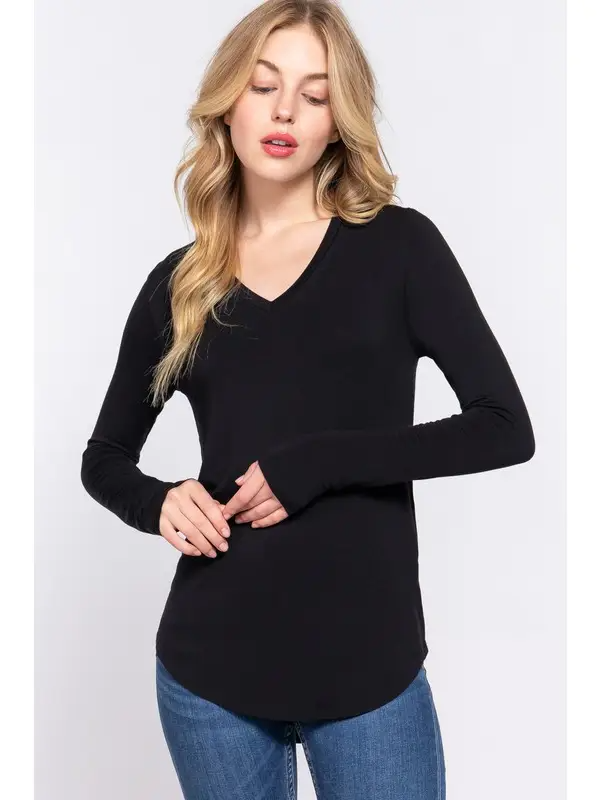Long Sleeve V-Neck Rayon Spandex Jersey Top in Black-Lemons and Limes Boutique