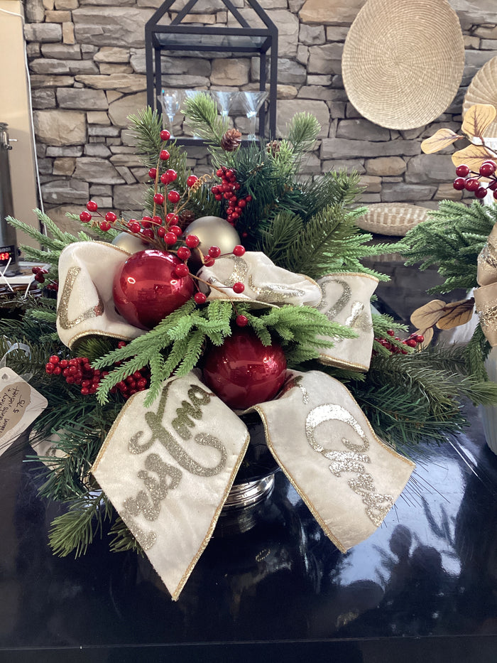Upcycled Silver Bowl w Greenery + Ornaments, Velvet Ribbon-Lemons and Limes Boutique