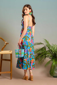 Tropical Print V Neck Midi Dress in Blue Multi--Lemons and Limes Boutique