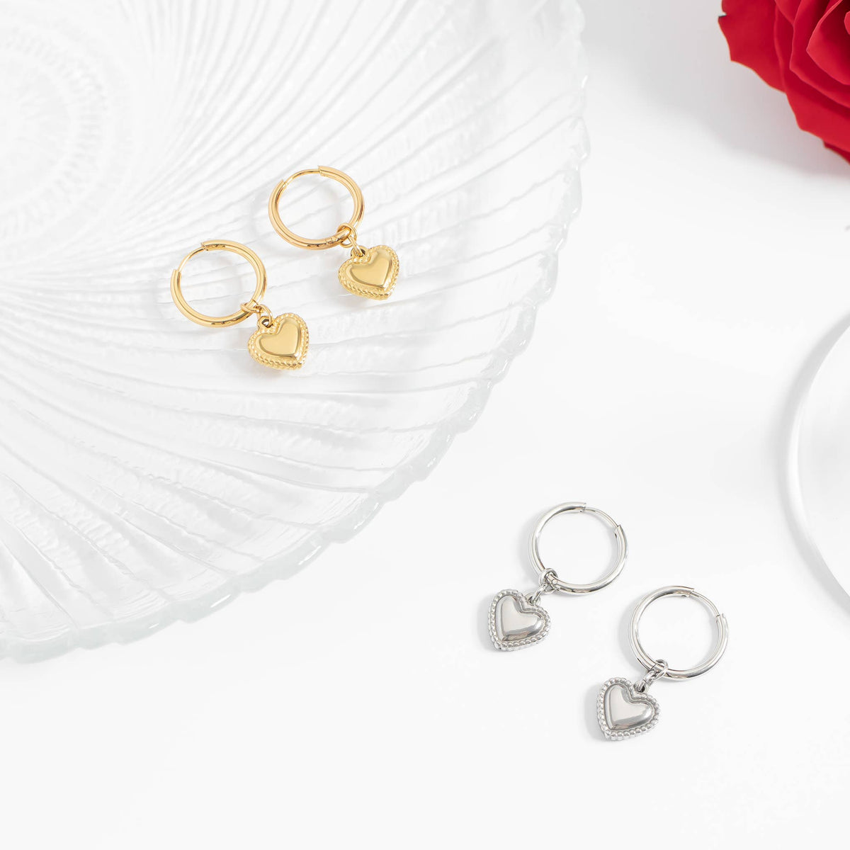 18K Gold PVD Stainless Steel Heart Pendant Hoop Earrings-Lemons and Limes Boutique