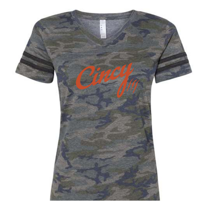 The Cincy Hat Women's Football Tee in Camo--Lemons and Limes Boutique