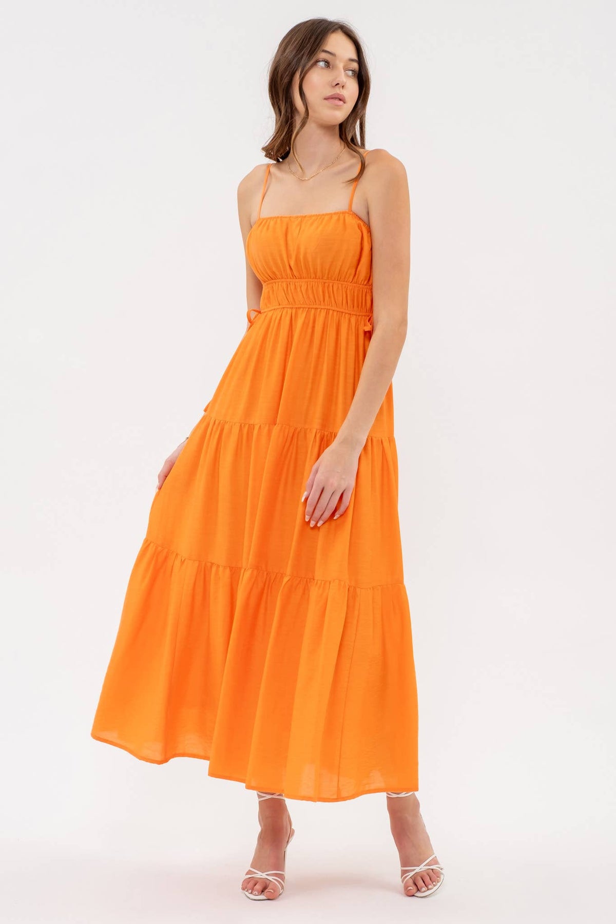 Waist Tie Shirred Tiered Midi Dress in Cantaloupe--Lemons and Limes Boutique