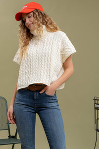 Cableknit Short Sleeve Turtleneck Sweater in Cream--Lemons and Limes Boutique